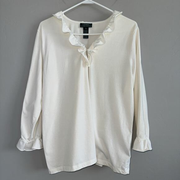 Lauren Ralph Lauren Womens 2X Plus Ivory Top Shirt Tunic Blouse Cotton Ruffle - Picture 1 of 6